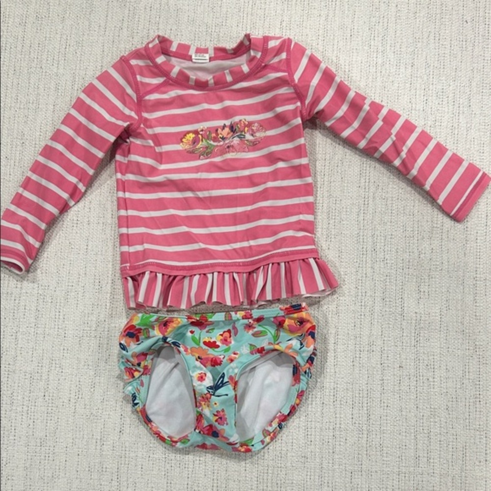 Pink Striped Girls' Long-Sleeve Rash Guard Swim Set